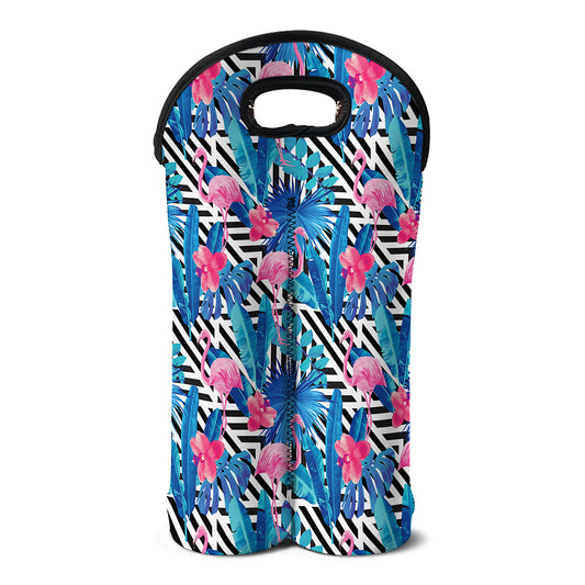 Blue Tropical And Pink Flamingo Print Double Neoprene Wine Tote