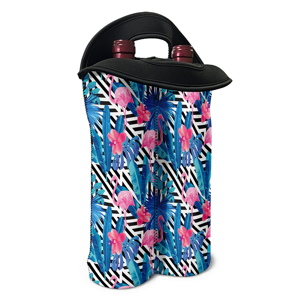 Blue Tropical And Pink Flamingo Print Double Neoprene Wine Tote