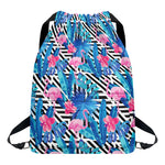 Blue Tropical And Pink Flamingo Print Drawstring Backpack