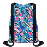 Blue Tropical And Pink Flamingo Print Drawstring Backpack