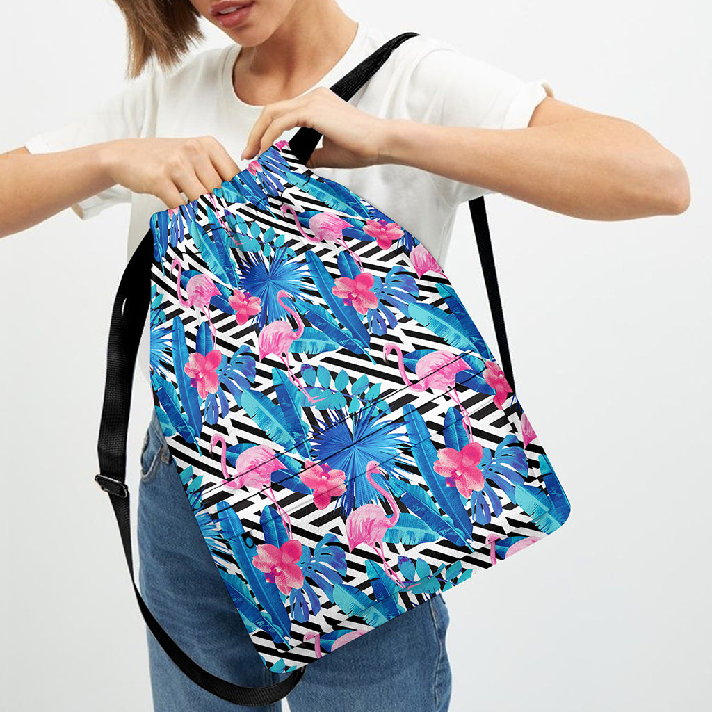 Blue Tropical And Pink Flamingo Print Drawstring Backpack