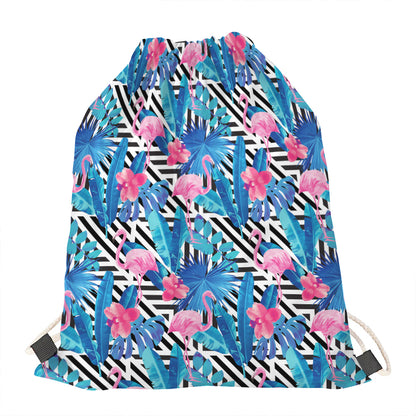 Blue Tropical And Pink Flamingo Print Drawstring Bag
