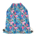 Blue Tropical And Pink Flamingo Print Drawstring Bag