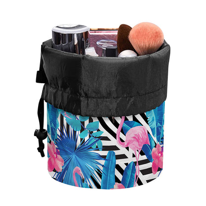 Blue Tropical And Pink Flamingo Print Drawstring Makeup Bag