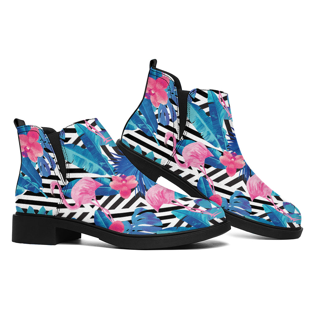 Blue Tropical And Pink Flamingo Print Flat Ankle Boots