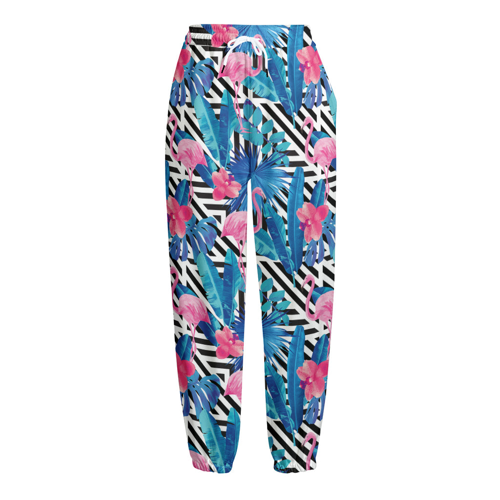 Blue Tropical And Pink Flamingo Print Fleece Lined Knit Pants
