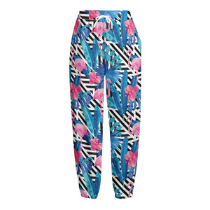 Blue Tropical And Pink Flamingo Print Fleece Lined Knit Pants