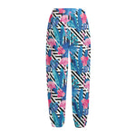 Blue Tropical And Pink Flamingo Print Fleece Lined Knit Pants