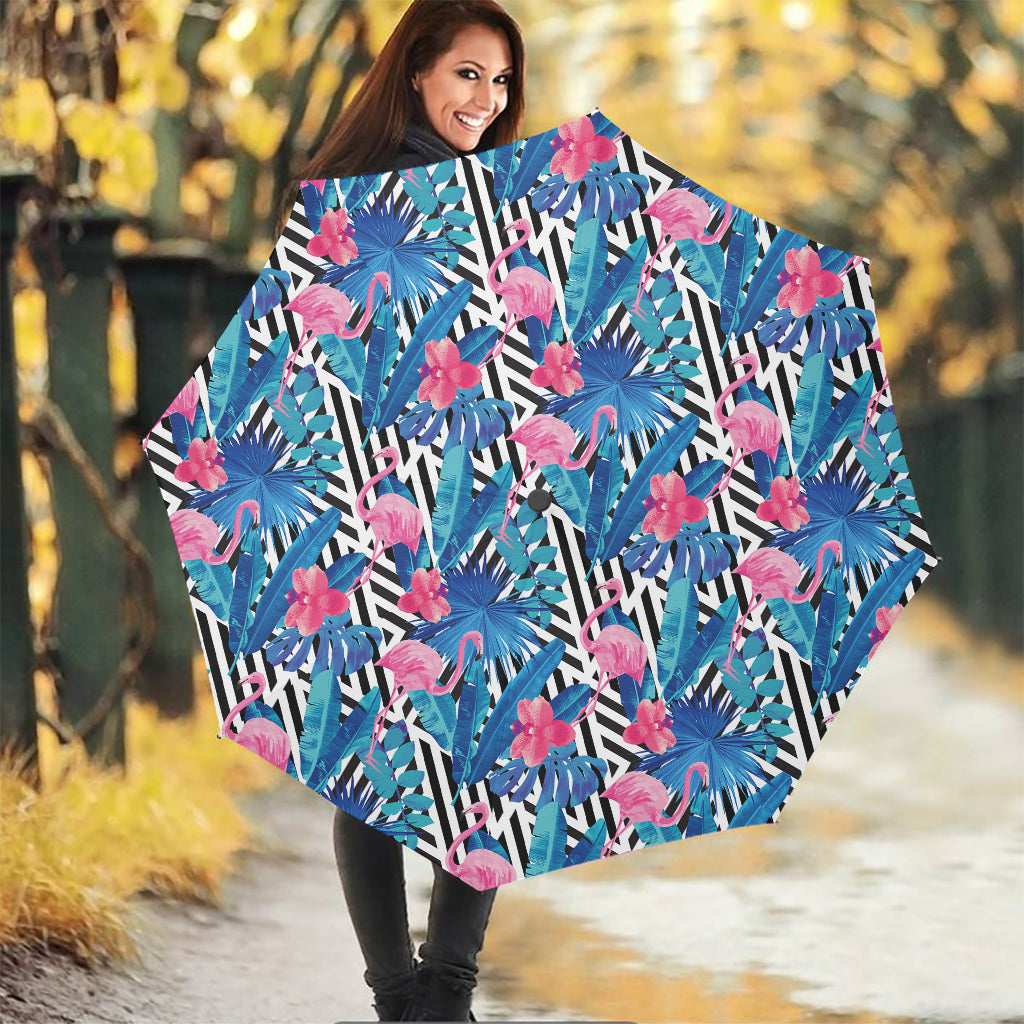 Blue Tropical And Pink Flamingo Print Foldable Umbrella