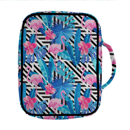 Blue Tropical And Pink Flamingo Print Front Pocket Bible Bag