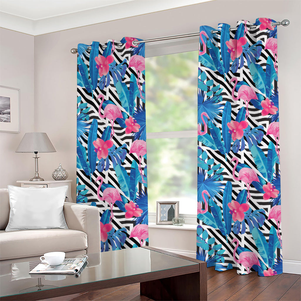 Blue Tropical And Pink Flamingo Print Grommet Curtains