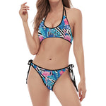 Blue Tropical And Pink Flamingo Print Halter Scoop Tie Side Bikini