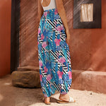 Blue Tropical And Pink Flamingo Print Harem Pants