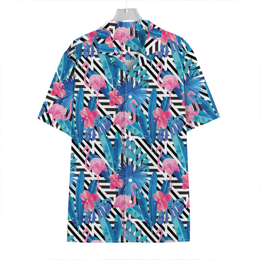 Blue Tropical And Pink Flamingo Print Hawaiian Shirt