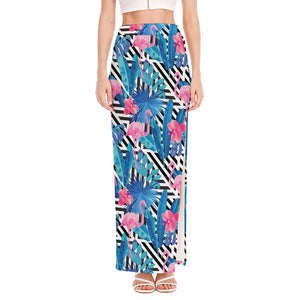 Blue Tropical And Pink Flamingo Print High Slit Maxi Skirt