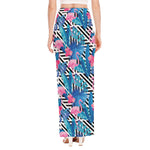 Blue Tropical And Pink Flamingo Print High Slit Maxi Skirt