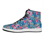 Blue Tropical And Pink Flamingo Print High Top Leather Sneakers