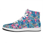 Blue Tropical And Pink Flamingo Print High Top Leather Sneakers