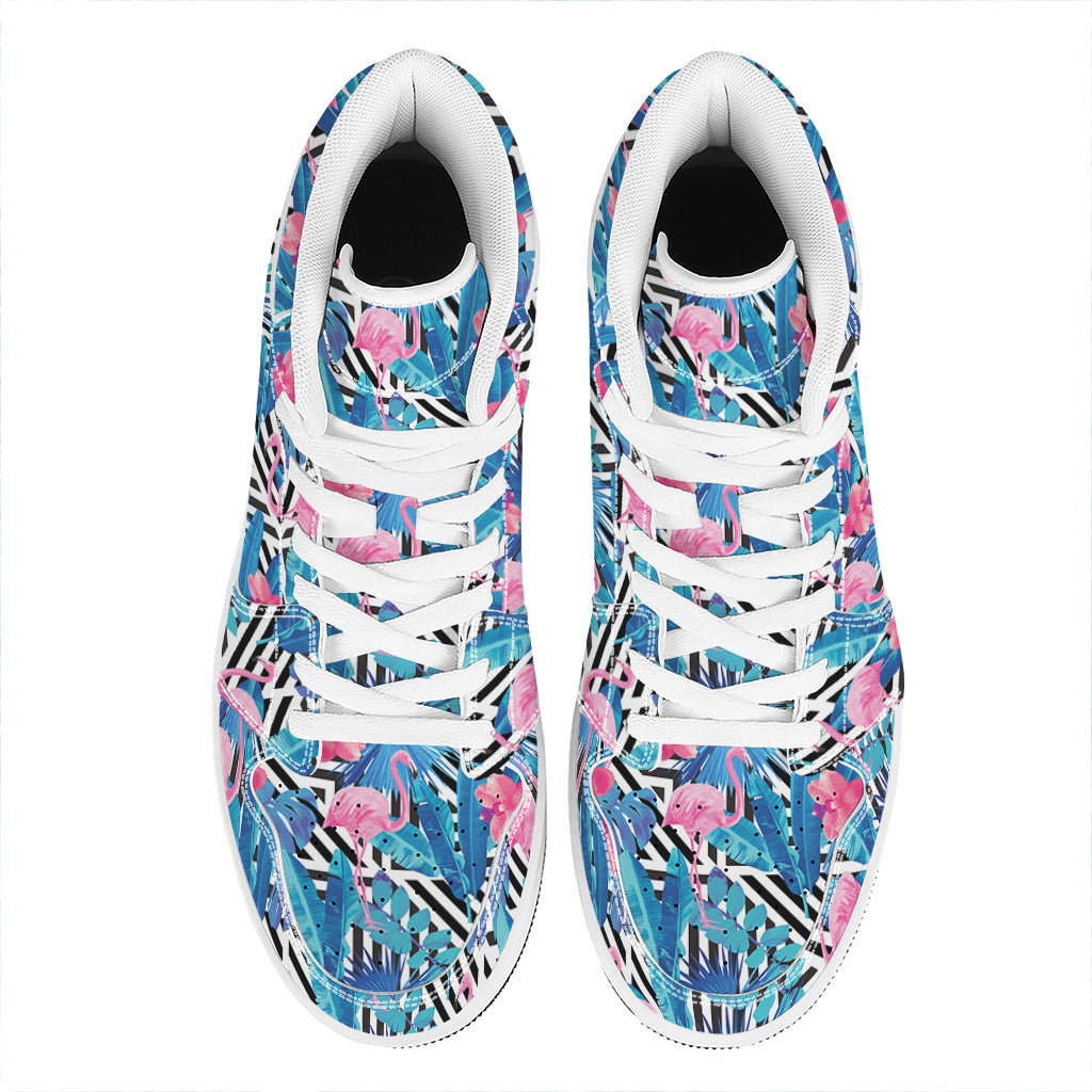 Blue Tropical And Pink Flamingo Print High Top Leather Sneakers