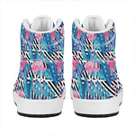 Blue Tropical And Pink Flamingo Print High Top Leather Sneakers