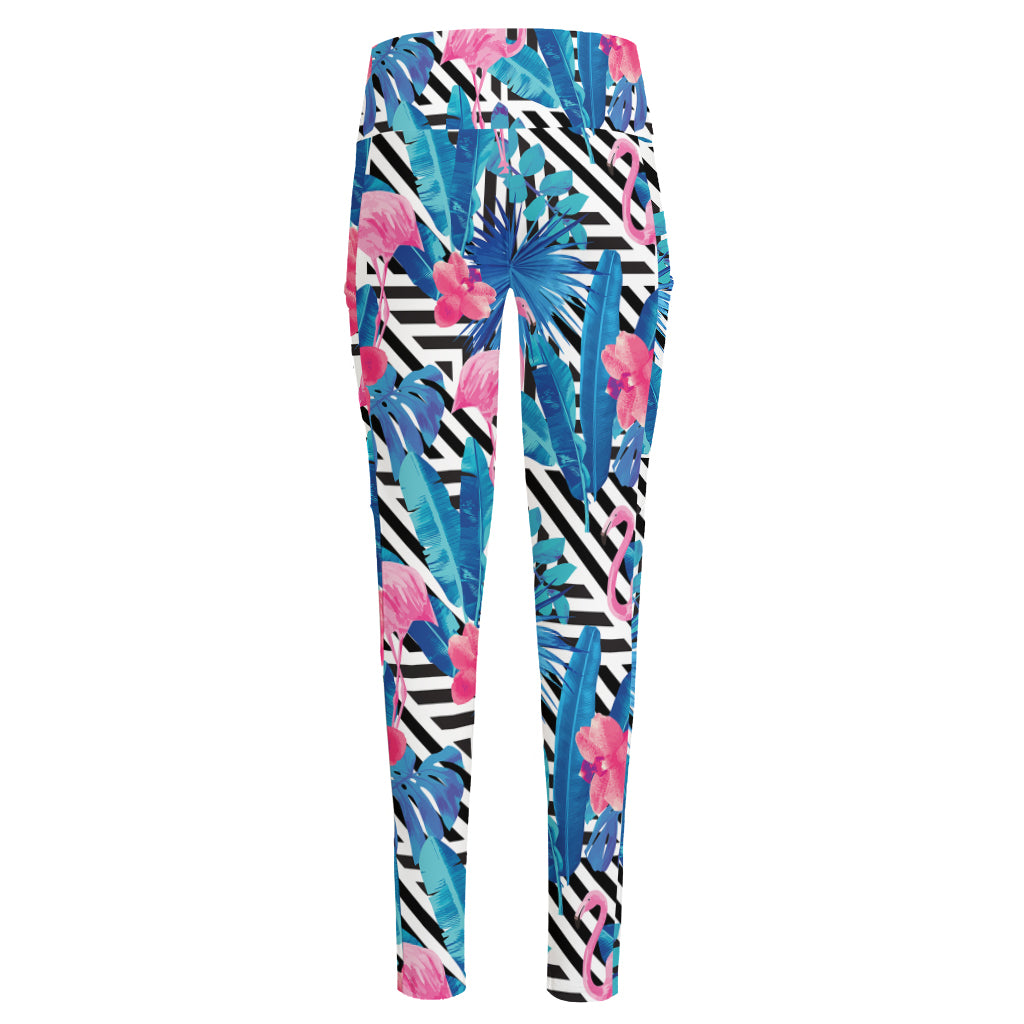 Blue Tropical And Pink Flamingo Print High-Waisted Pocket Leggings