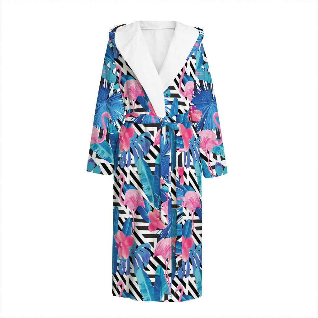 Blue Tropical And Pink Flamingo Print Hooded Bathrobe