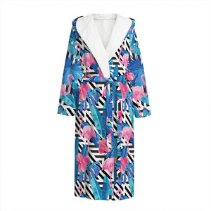 Blue Tropical And Pink Flamingo Print Hooded Bathrobe