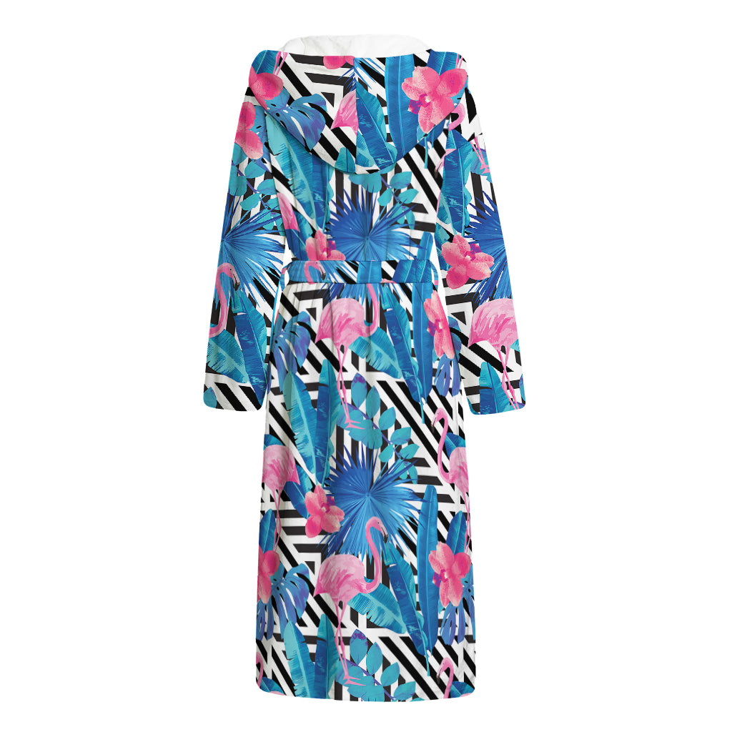 Blue Tropical And Pink Flamingo Print Hooded Bathrobe