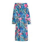 Blue Tropical And Pink Flamingo Print Hooded Bathrobe