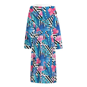 Blue Tropical And Pink Flamingo Print Hooded Bathrobe