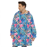 Blue Tropical And Pink Flamingo Print Hoodie Blanket