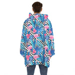 Blue Tropical And Pink Flamingo Print Hoodie Blanket