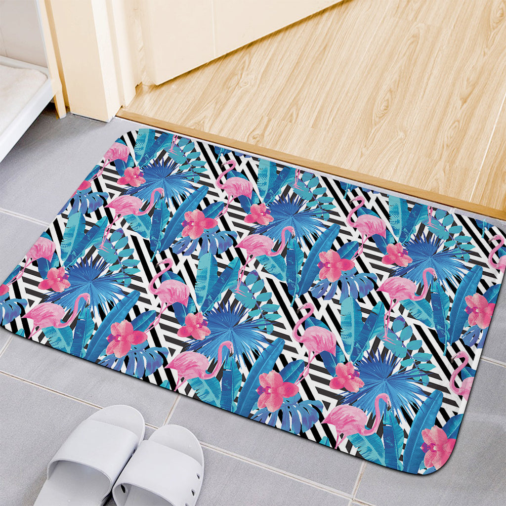 Blue Tropical And Pink Flamingo Print Indoor Door Mat