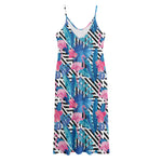 Blue Tropical And Pink Flamingo Print Jersey Midi Cami Dress