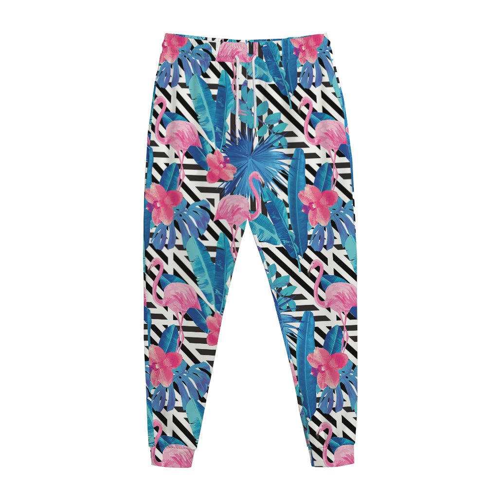 Blue Tropical And Pink Flamingo Print Jogger Pants