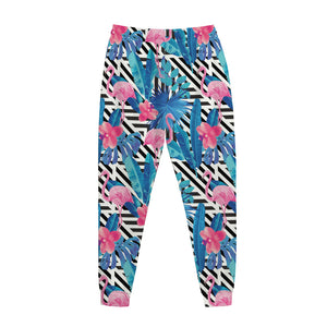 Blue Tropical And Pink Flamingo Print Jogger Pants