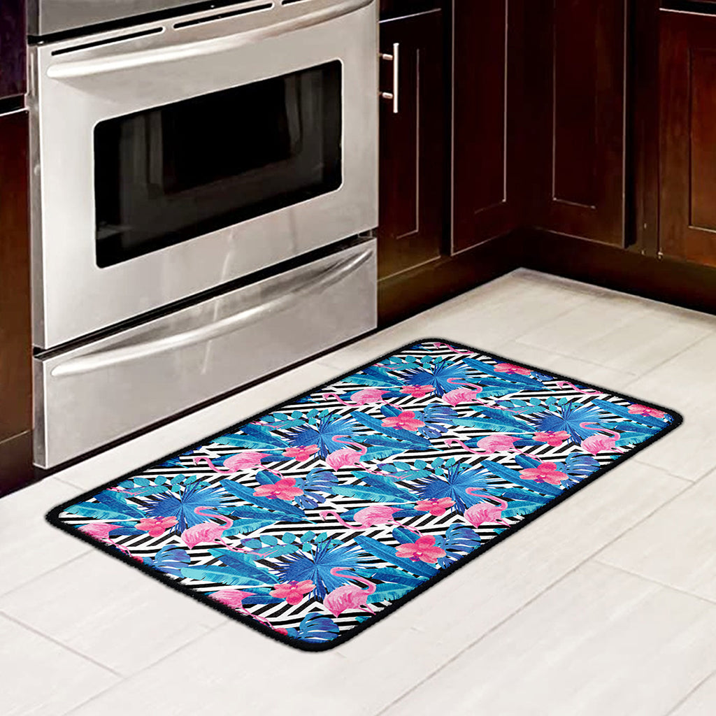 Blue Tropical And Pink Flamingo Print Kitchen Mat
