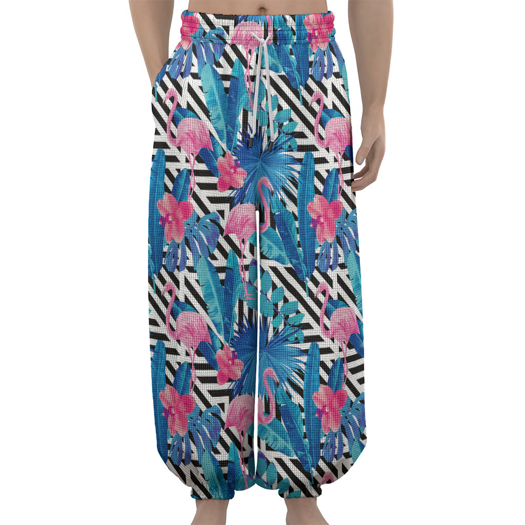 Blue Tropical And Pink Flamingo Print Lantern Pants