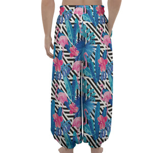 Blue Tropical And Pink Flamingo Print Lantern Pants