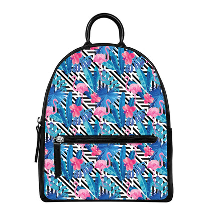 Blue Tropical And Pink Flamingo Print Leather Backpack
