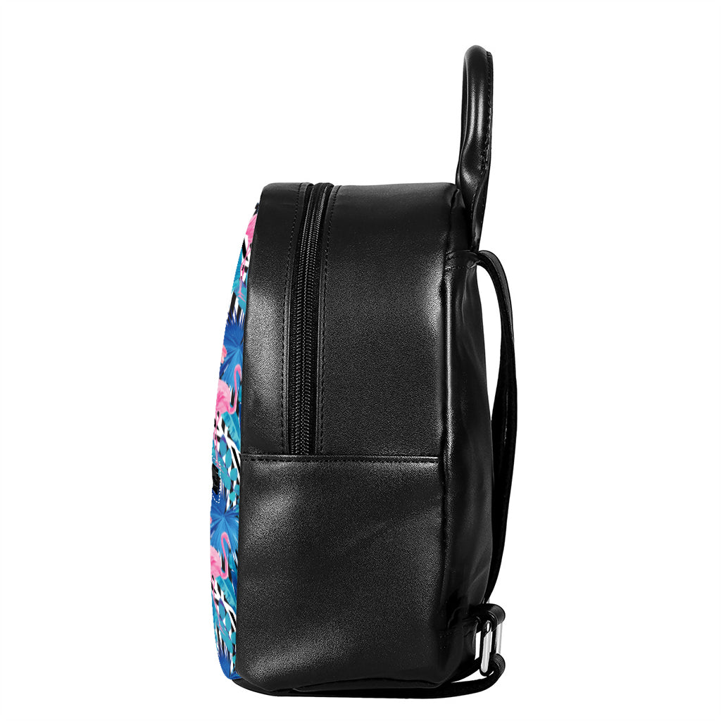 Blue Tropical And Pink Flamingo Print Leather Backpack