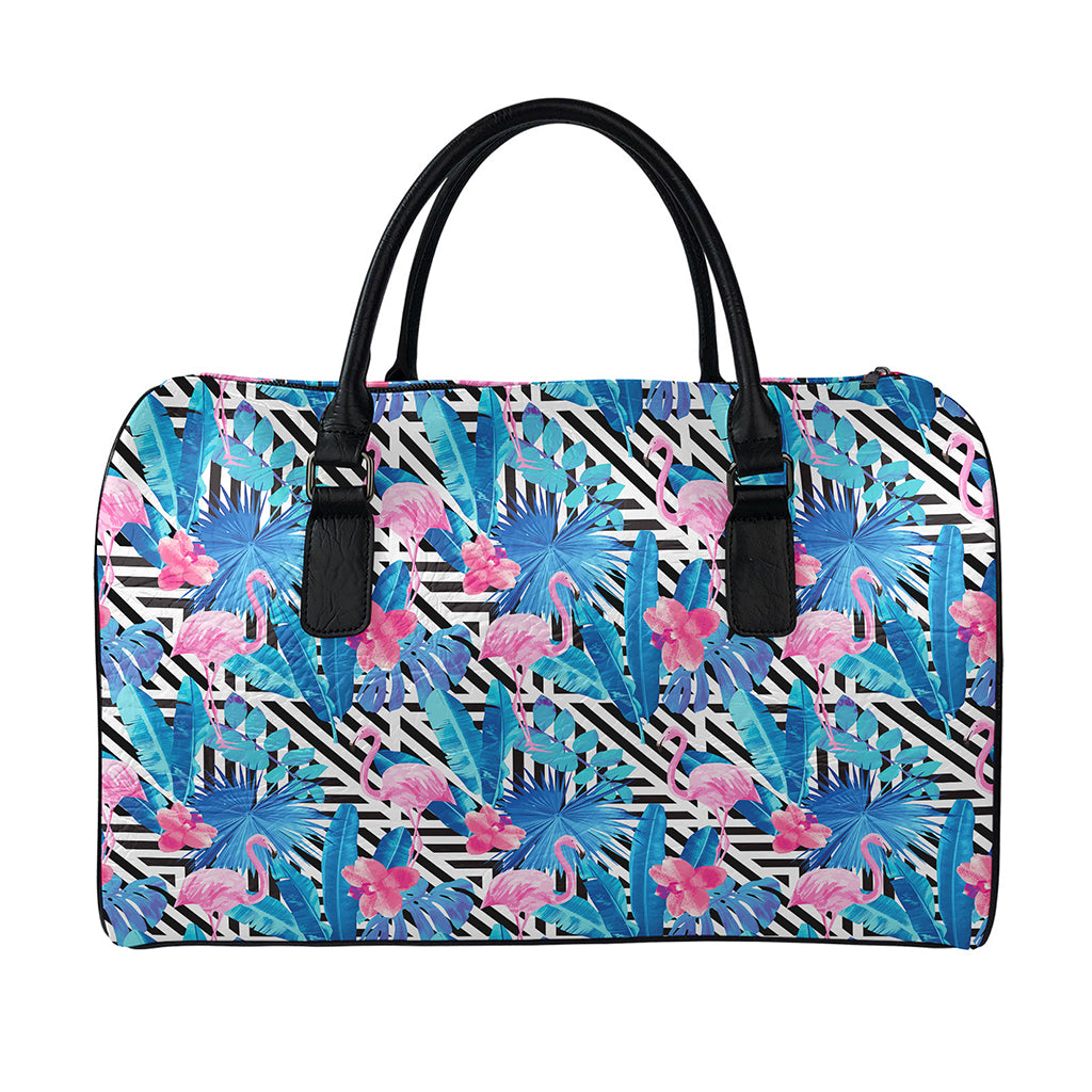 Blue Tropical And Pink Flamingo Print Leather Duffle Bag