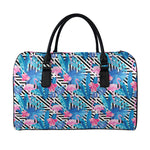 Blue Tropical And Pink Flamingo Print Leather Duffle Bag