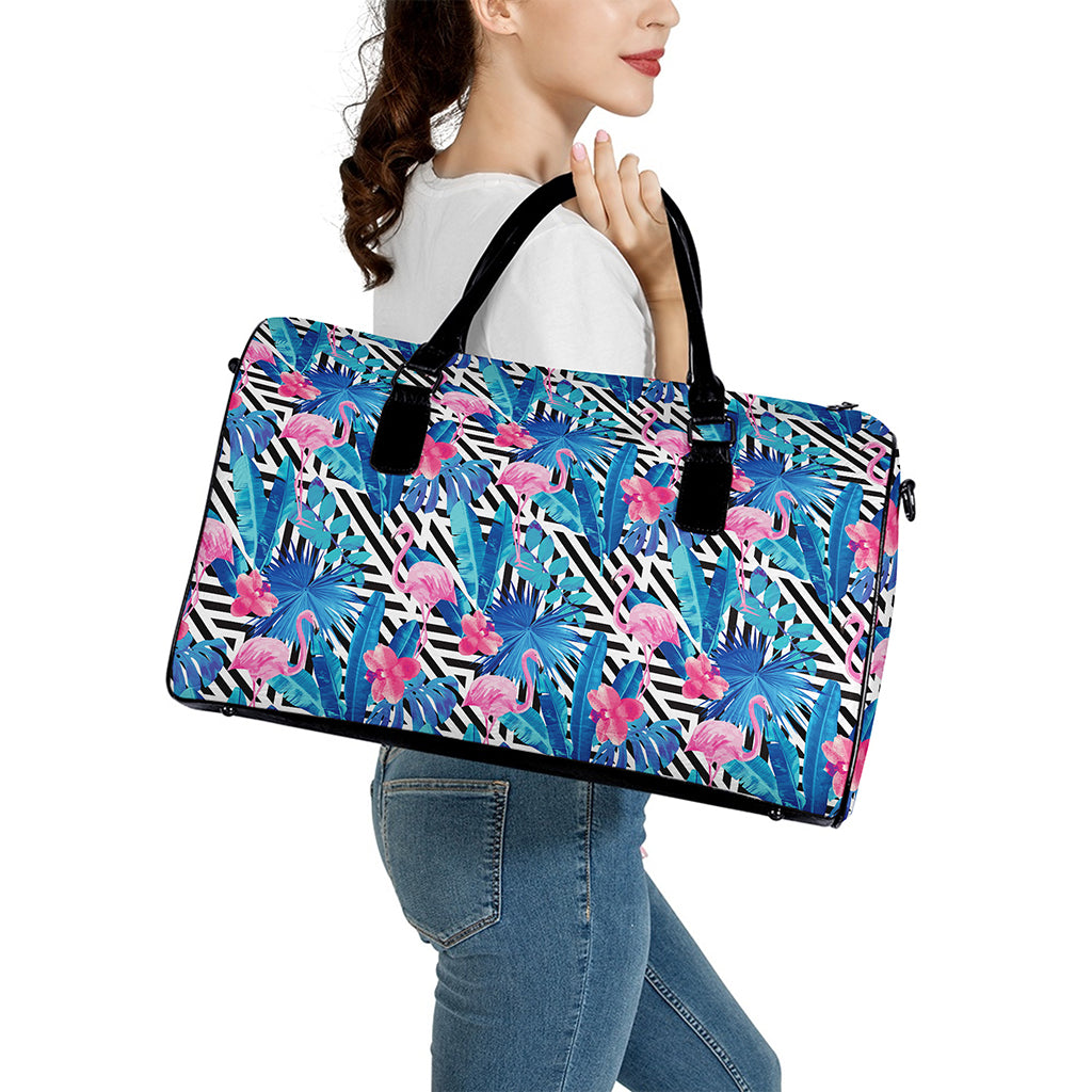 Blue Tropical And Pink Flamingo Print Leather Duffle Bag