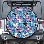 Blue Tropical And Pink Flamingo Print Leather Spare Tire Cover