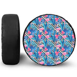 Blue Tropical And Pink Flamingo Print Leather Spare Tire Cover