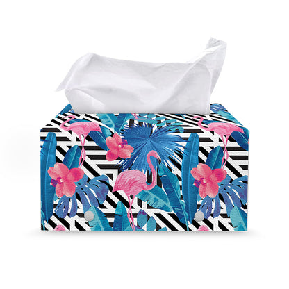 Blue Tropical And Pink Flamingo Print Leather Tissue Box Cover