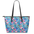Blue Tropical And Pink Flamingo Print Leather Tote Bag With Zipper