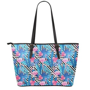 Blue Tropical And Pink Flamingo Print Leather Tote Bag