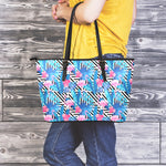 Blue Tropical And Pink Flamingo Print Leather Tote Bag